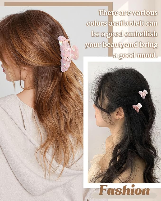3PCS Acrylic Flower Hair Claw Clips - 2 Styles Durable Medium Small Claw Clips for Women, Strong Hold Cute Non Slip Stylish Accessories Decroation Buns for Thick Thin Hair (pink)