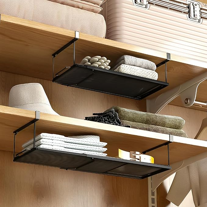 ROLIZOE 2 Pack Expandable Under Cabinet Shelf, Under Shelf Storage with 0.94 Inches Thick Clips for Kitchen Cupboard, Metal Hanging Under Desk Basket for Laundry Room, Cabinet, Shoe Rack
