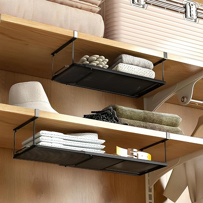 1 Pack Expandable Under Cabinet Shelf, Under Shelf Basket with 0.94 Inches Thick Clips for Kitchen Cupboard, Metal Hanging Under Desk Basket for Laundry Room, Cabinet, Shoe Rack