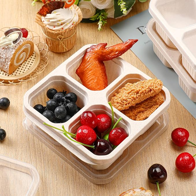 12 Pcs 4 Divided Compartments Snack Containers Bento Wheat Straw Snack Box with Lid Reusable Meal Prep Lunch Box Food Storage Containers for Adults Christmas Travel Work Gifts(Beige)