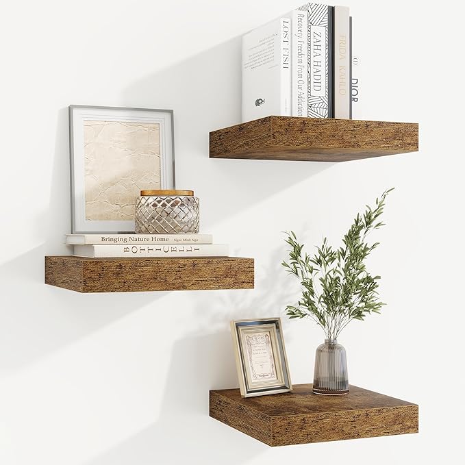 fuqing Floating Shelves for Wall, Wall Mounted Wood Floating Shelf with Invisible Brackets for Living Room, Bathroom, Bedroom, Kitchen Storage and Decor, 6.5 Inch Set of 3, Rustic Brown