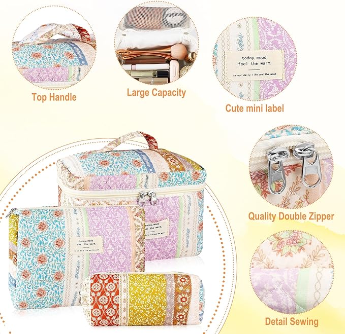 3Pc Cotton Quilted Makeup Bags for Women Large Small Coquette Floral Travel Cosmetic Bag Set Aesthetic Cute Flower Makeup Pouch Portable Toiletry Bag Puffy Essential Storage Organizer Bag