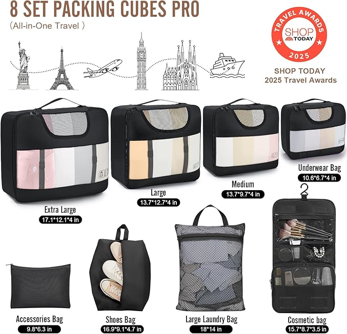 Veken 10 Set/8 Set Packing Cubes for Travel Essentials, Suitcase Organizer Bags in 4 Sizes, Carry-On Luggage Accessories with Laundry & Toiletry Bag, Airplane Must-Have, Road Trip & Camp Gifts for Men