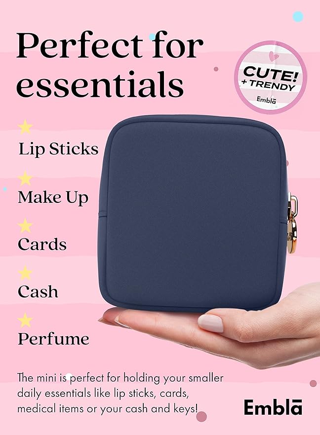 Embla Makeup Bag Travel Cosmetics Pouch and Toiletry Bag, Nylon Zipper Pouch Purse, Cute Make Up Organizer Storage Tote for Women Girls, Travel Skincare Case, Small Makeup Bags, Sapphire