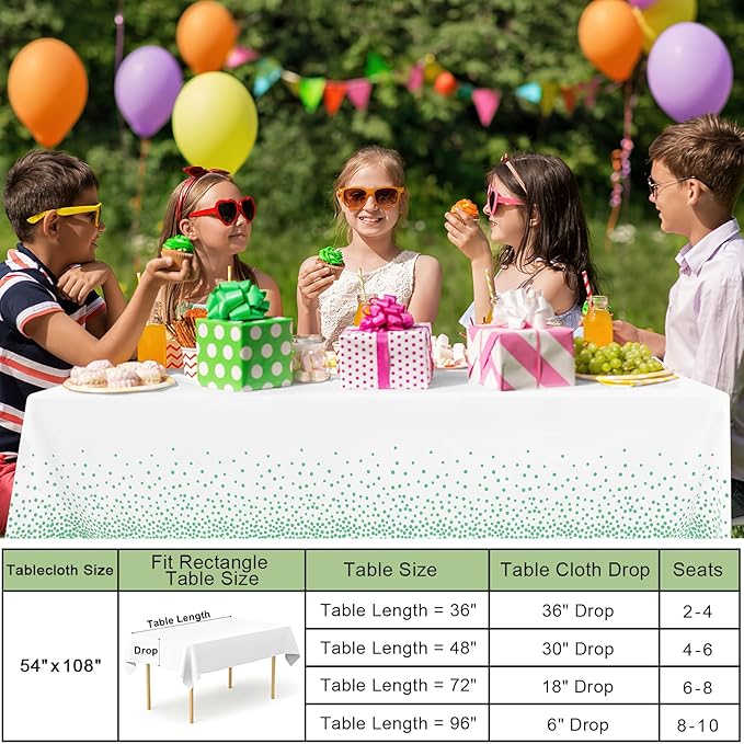 misaya 10 Packs Dot Disposable Table Cloth, 54 x 108 Inch Waterproof Plastic Tablecloth, Rectangle Green Dots in White Table Covers for Picnic, Birthday, Party
