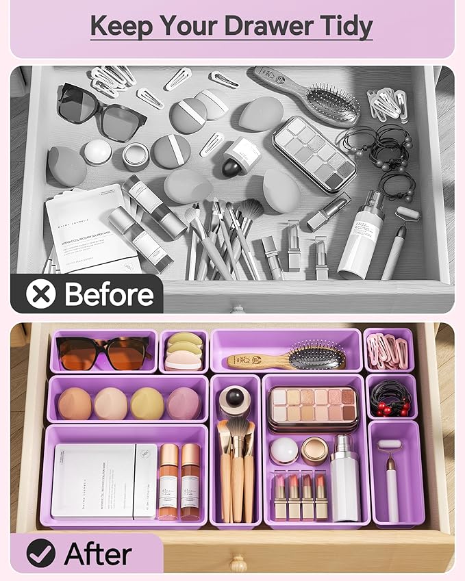 25 PCS Plastic Drawer Organizers Set, 4 Sizes Vanity Organizer, Makeup and Desk Drawer Organizer Trays, Organization and Storage for Makeup, Bathroom, Kitchen Utensils and Office (Purple)