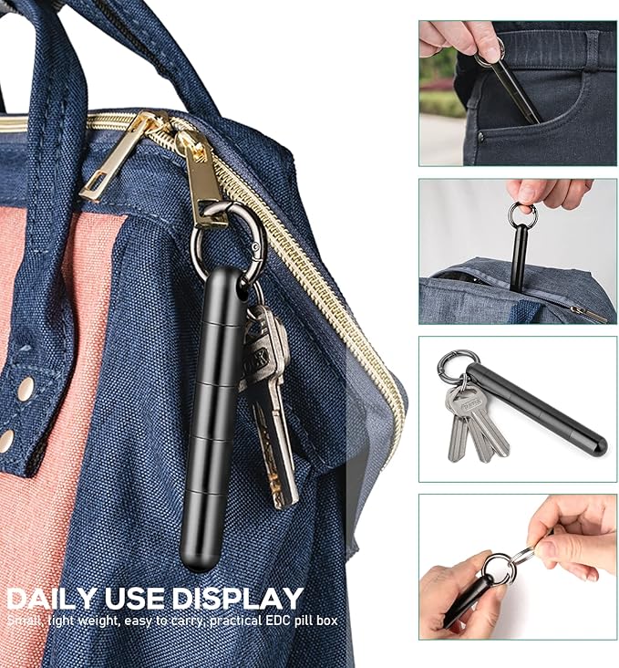 TISUR Keychain Pill Holder, Titanium Pill Case Small Pill Organizer Waterproof Pill Box, EDC Portable Pill Container Metal Tube for Travel Purse Outdoor