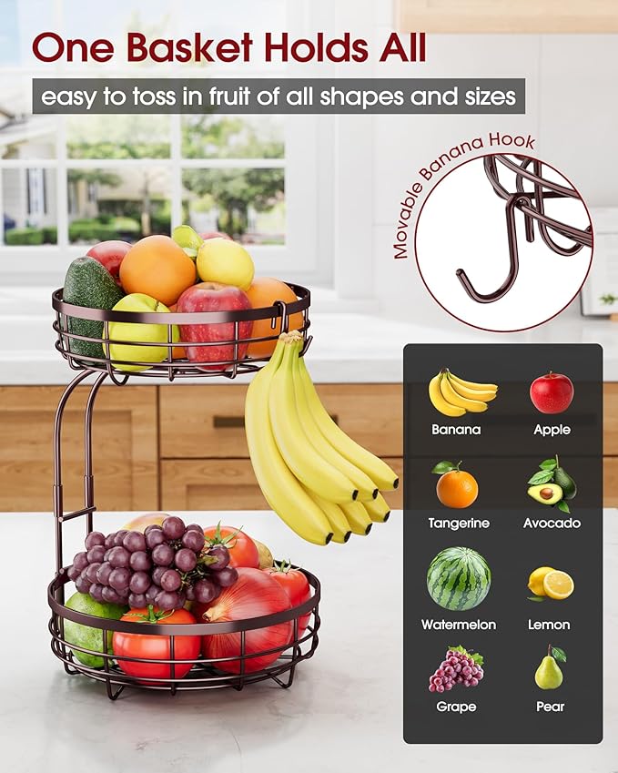 Sakugi Fruit Basket for Kitchen Counter - 2-Tier Large Capacity Fruit Bowl with Detachable Banana Hanger, Rust-Proof Metal Fruit Holder for Vegetables, Bread, Toiletry,10" D x 10" W x 14" H, Brown.