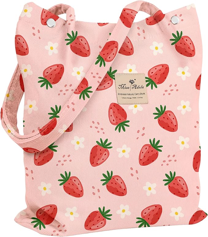 Miss Adola Corduroy Tote Bag for Women - Reusable Totes with Pocket & Buckle Cute Aesthetic Shoulder Bag for Work Travel