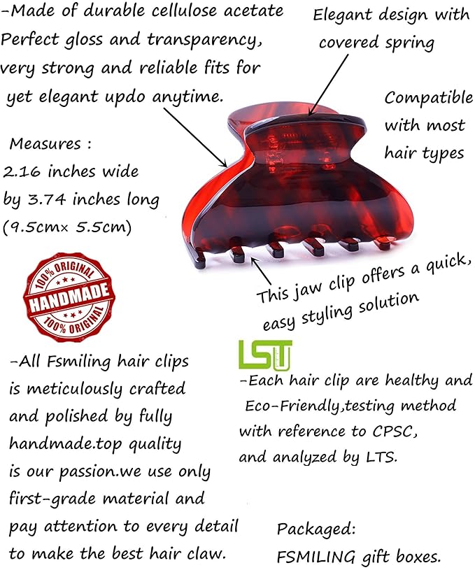 Womens Hair Clips Medium Claw Clips Tortoise Hair Jaw Clips Celluloid Hair Claw Clamps Acetate Hair Clip 3 Pack,Burgundy/Beige/Black