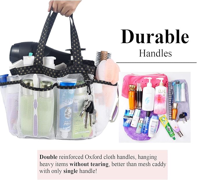 Haundry Mesh Shower Caddy Bag, Large College Dorm Bathroom Organizer with 8 Pockets, Hanging Portable Tote Bag for College Dorm Room Essentials, Beach, Swimming, Gym, Camping
