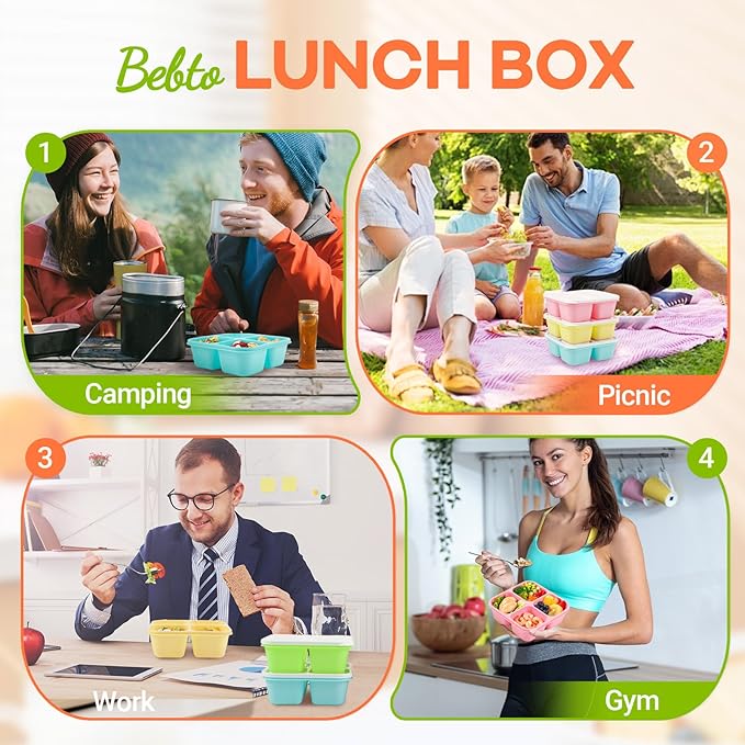 Bento Box Adult Lunch Box- 4 Pack,4 Compartment Snack Containers Reusable Meal Prep Stackable BPA-Free Lunch Containers for Home, Work, Travel (4 Color)