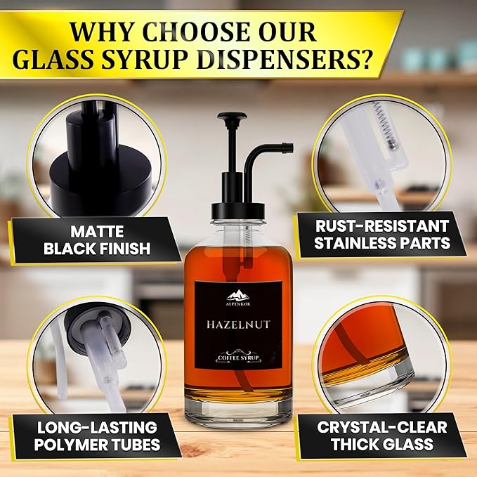Set of 4 Glass Syrup Dispensers 16.9oz 500 ml – Pump Coffee Dispenser with 18 Marked Labels, Leak-Proof, Easy Cleaning – Coffee Essentials for Coffee Bar | Parties & Event Ready (Black Pumps)