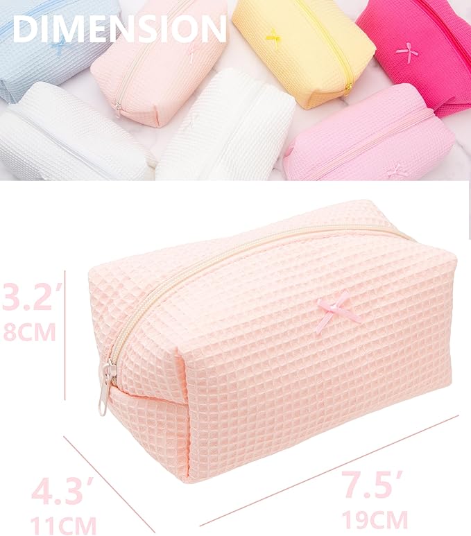 Cozy Makeup Bag Travel Cosmetic Bag for Women Soft Toiletry Bag Aesthetic Makeup Organizer Portable Large Zipper Pouch for Skincare Beauty Accessories Brushes Waffle Check Light Pink