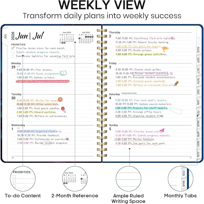 Academic Planner 2026-2027, Weekly and Monthly Calendar Book, July 2026 – June 2027, Hardcover Planner with Tabs, Perfect for Teachers, Students, Women & Men, A5 (6.4" x 8.5") - Night Peak