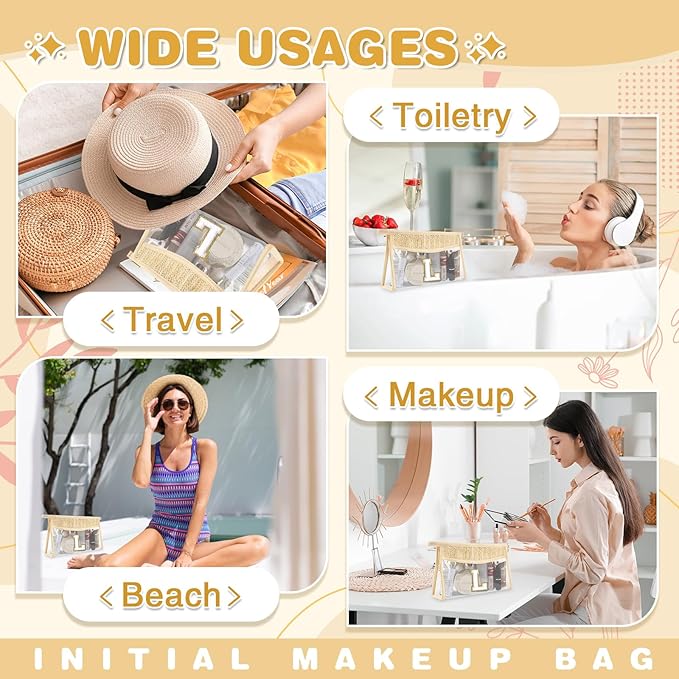 Personalized Initial Letter Bag Boho Straw Clear Makeup Bag, Small Cute Chenille Varsity Letter Bag With Zipper, Beach Travel Toiletry Bag, Portable Monogrammed Cosmetic Bag for Women Girls, L