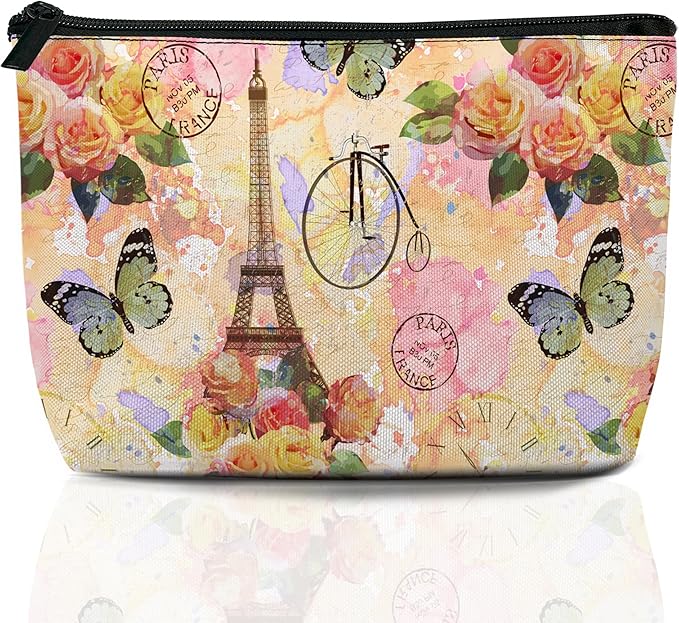 Vintage Paris Tower Makeup Bag Travel Cosmetic Bag for Women,Rose Flowers Small Make up Pouch Travel Bags for Toiletries Aesthetic Accessories Waterproof Gifts