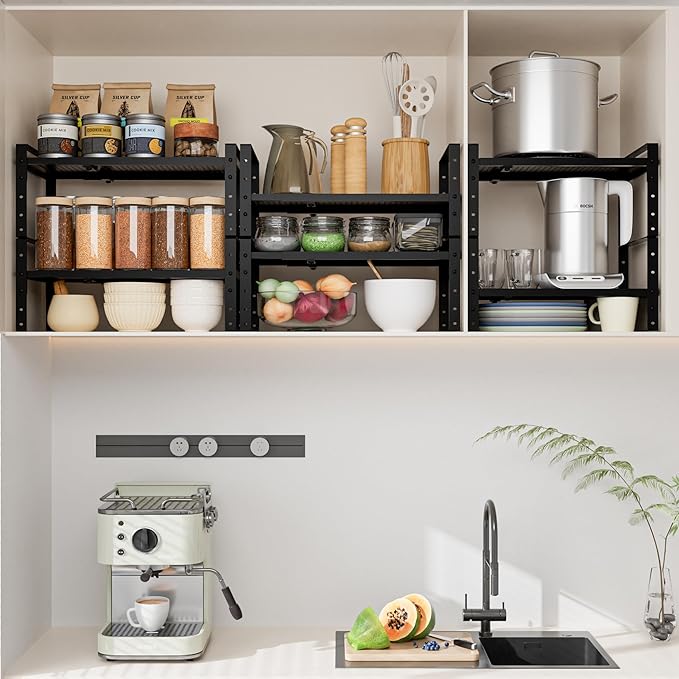 Wobmmi Expandable,Adjustable & Stackable Spice Rack, Cabinet Kitchen Countertop Shelf Organizer,Metal Pantry Storage Shelves - Space-Saving Storage Solution(2Packs/Black/Medium)