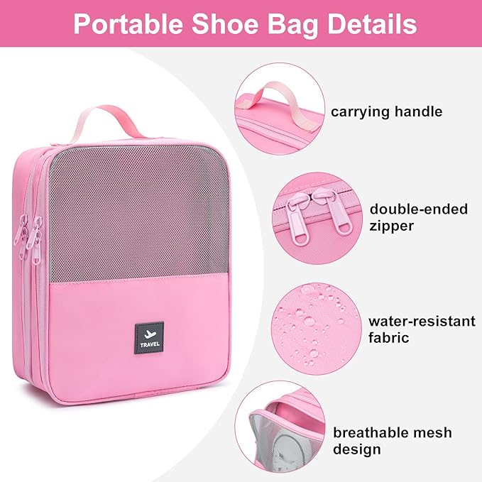 2 Layers Travel Shoe Bag, Portable Shoe Bags Hold 2 Pair Of Shoes, Water-Resistant Shoe Storage Pouch For Travel (Pink, 2 Pack)
