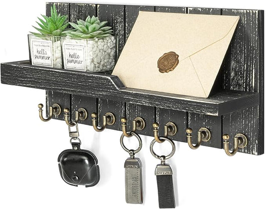 Rebee Vision Rustic Key Holder Wall Mount for Home Decor - Farmhouse Key Holder for Wall with Floating Shelf & 7 Sturdy Hooks - Stylish Mail Organizer to Tidy Apartment Essentials (Old Black)