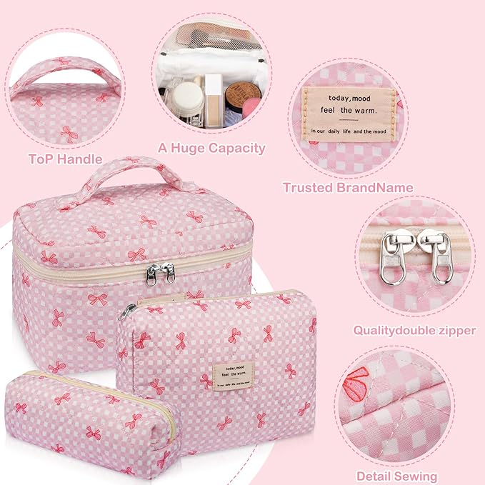 Makeup Bag Set, Cute Cosmetic Bag for Women Girls, Floral Coquette Aesthetic Toiletry Bag, Travel Make Up Organizer Bag（Pink Check）