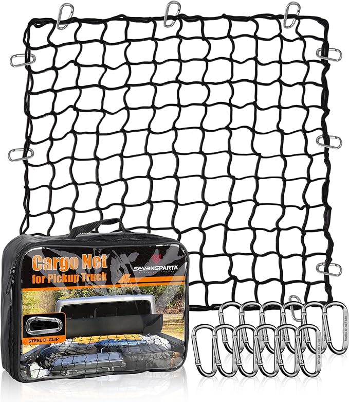 Seven Sparta 4' x 4' Large Cargo Net for Pickup Truck Bed Stretches to 7' x 7' for Truck Bed, Trailer, Trunk, SUV with 12 Bonus D Clip Carabiners Cargo Net for Large Loads (Black, 4'x4')