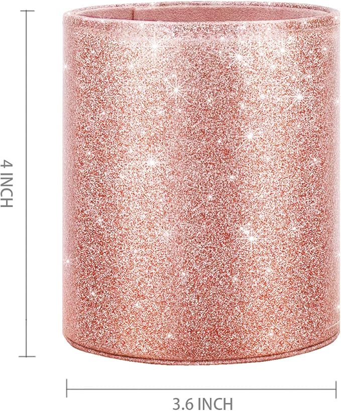 WAVEYU Pen Holder for Desk, Pencil Cup Pink Glitter Bling for Women Girls, Luxury Makeup Brush Holder Large Pu Leather Multi-Functional Organizer Cup for Office, Classroom, Home, Rose Gold