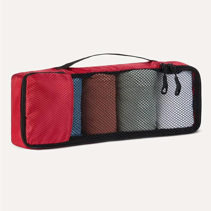 Amazon Essentials 4-Piece Packing Cubes Travel Accessories Set, Luggage Organizer with Double Zipper, Mesh Top, 100% Polyester, Slim, Red (Previously Amazon Basics)