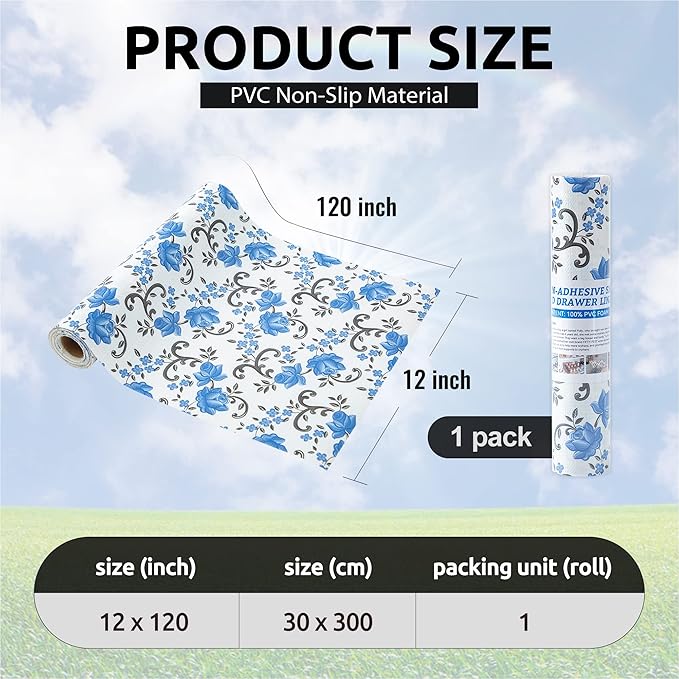 FIFTY FEET 12X120 Inch Shelf Liner for Kitchen Cabinets, PVC Drawer Liner for Dresser Non-Slip Bathroom, Non-Adhesive Cabinet Liner Washable (Blue Floral)(1 Roll)