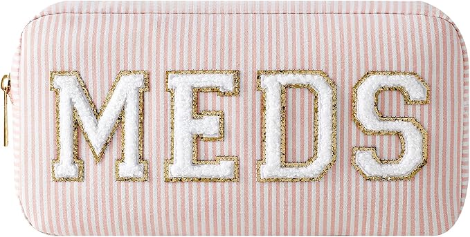 uekeboag Seersucker Chenille Letter Stuff Meds RX Makeup Bag, Travel Washable Purse Organizer with Zipper, Lightweight Toiletry Cute Personalized Preppy Cosmetic Bag For Women and Girls(04Pink Meds)