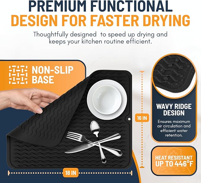 Silicone Dish Drying Mat for Kitchen Counter - Multi-Use 18 x 16 Inch Pad, Non-Slip & Heat-Resistant, Perfect Dish Drainer Mat by Linda’s Essentials, Ideal Kitchen Accessory (Black)