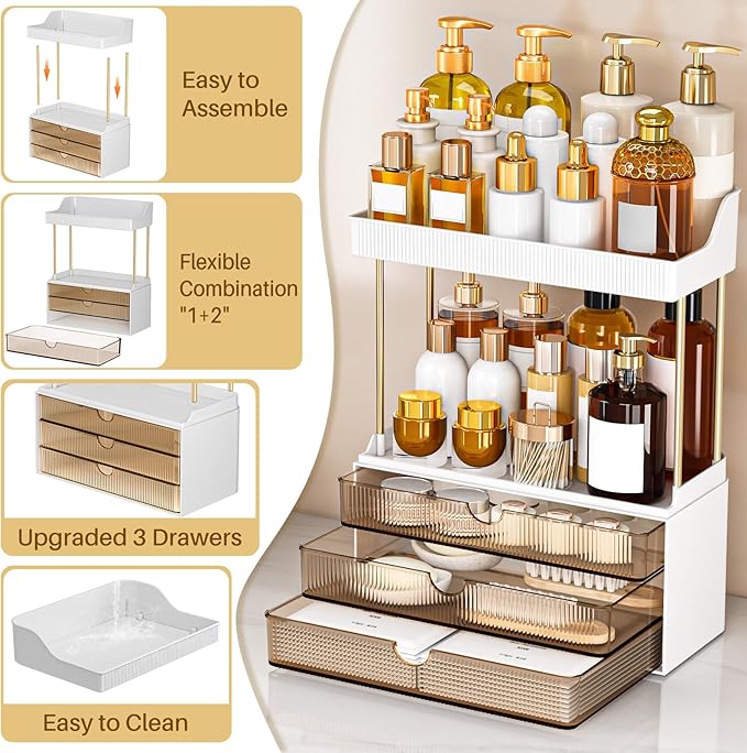 2 Pack Bathroom Organizers and Storage - 3 Drawers 2 Tier Makeup Organizer, Cosmetic Storage Drawer for Dresser Countertop and Bathroom Vanity for Large Skincare, Perfume, Amber