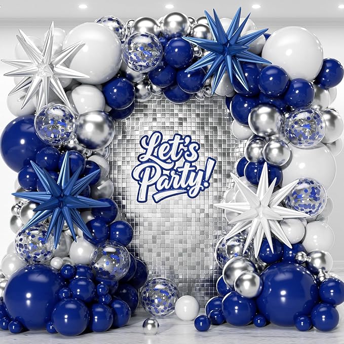 PTGOLUO 153Pcs Navy Blue and Silver Balloons Garland Arch Kit with Stars -22 18 12 10 5 inch Different Size Royal Blue White Silver Latex Balloon for Birthday Baby Shower Anniversary Party Decorations