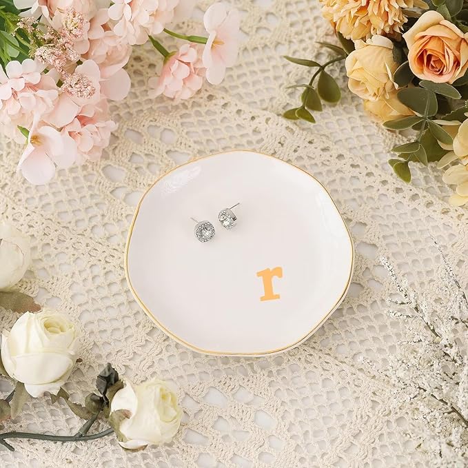 Ceramic Jewelry Dish with Personalized Monogram, White Decorative Ring Trinket Tray, Engagement Wedding Gift for Women Mom Friend, Letter r