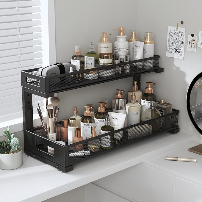 1 Pack 19-Inch Deep Under Sink Storage Organizer, Large 2-Tier Elegant Mesh Pull-Out Shelf for Kitchen and Bathroom Cabinet Organization, L-Shaped and Adjustable Height Design - Black
