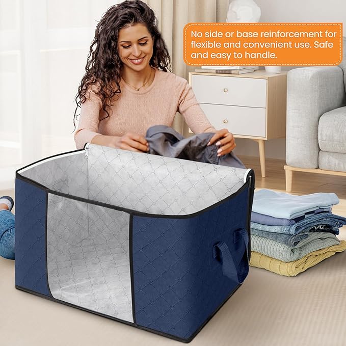 Fab totes 24 Gallons Clothes Storage, Foldable Thick Fabric Blanket Storage Bags, Containers for Organizing Bedroom, Closet, Clothing, Comforter, Organization with Handle (10 Pack, Blue)