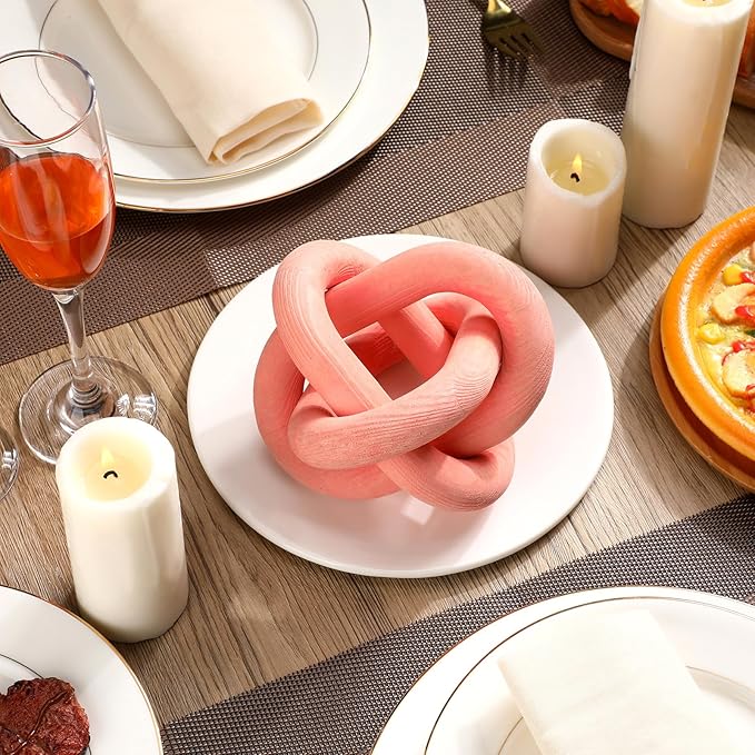 3 Link Wood Knot Decor - Hand Carved Coffee Table Decoration, Boho Chain Link Decor, Modern Shelf, Rustic Objects for Home Living Room Bedroom(Pea-Pink)