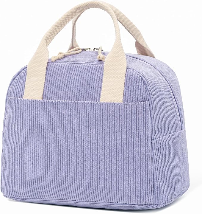 LOVELYWIND Insulated Purple Haze Lunch Bag for Women, Stylish Corduroy Tote with Aluminum Lining, Large Capacity Reusable Cooler for Work, Travel, or Beach, Beige Cream Water-Resistant Lunch Box