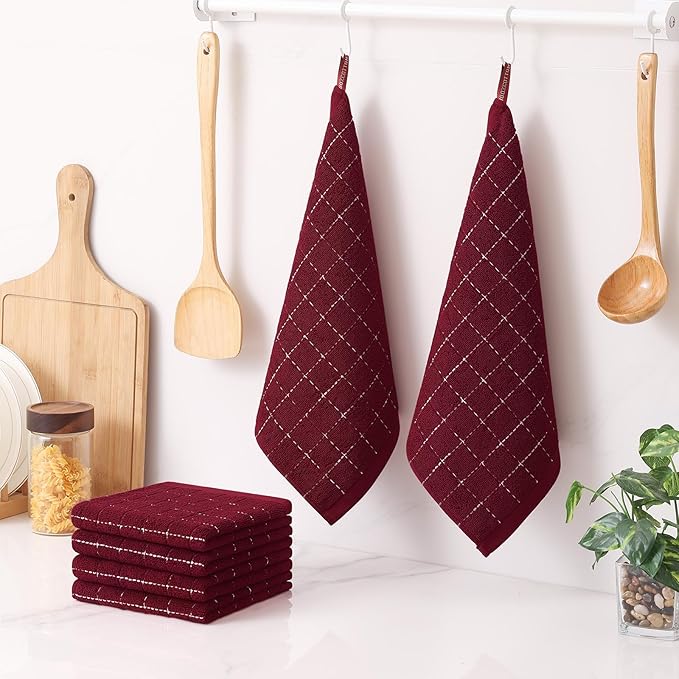 Homaxy 100% Cotton Terry Kitchen Dish Cloths, Ultra Soft and Absorbent Dish Towels for Kitchen, Suitable for Drying and Washing Dishes, 6 Pack, 12 x 12 Inches, Burgundy Red