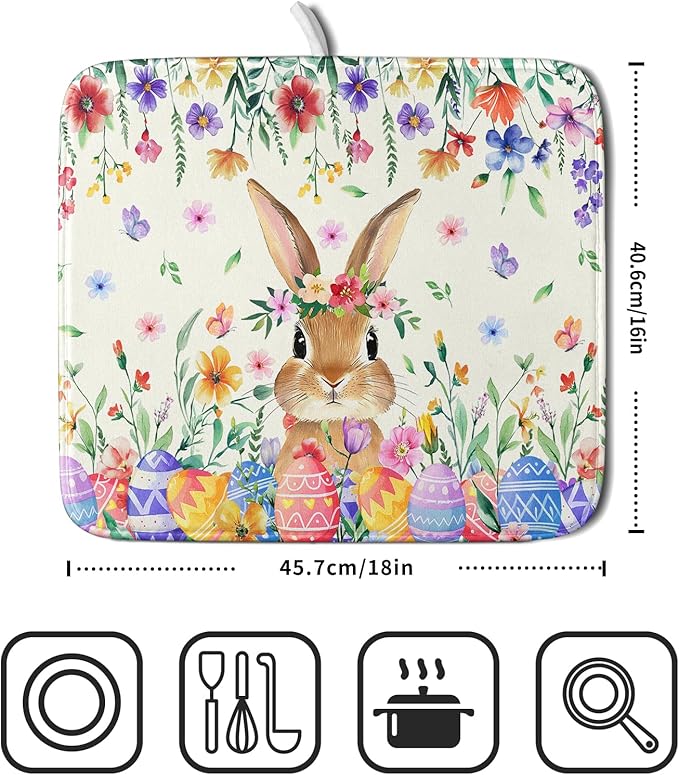 Giwawa Easter Rabbit Dish Drying Mat Spring Flower Dish Drainer Rack Mats 16x18 inch Absorbent Microfiber Fast Dry Pad Kitchen Counter Accessories