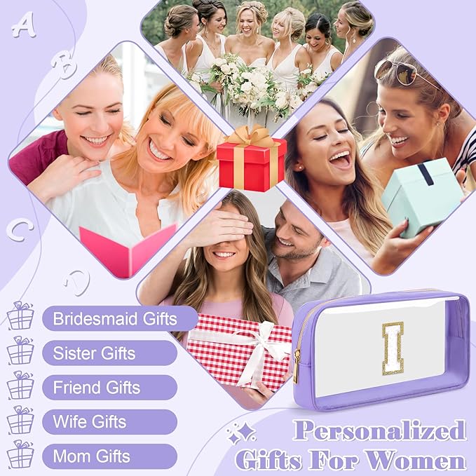 Personalized Initial Letter Clear Makeup Bag, Preppy Small Nylon & PVC Cosmetic Zipper Bag with Chenille Letter, Travel Skincare Toiletry Bag, Monogram Christmas Gift for Teen Girls Women