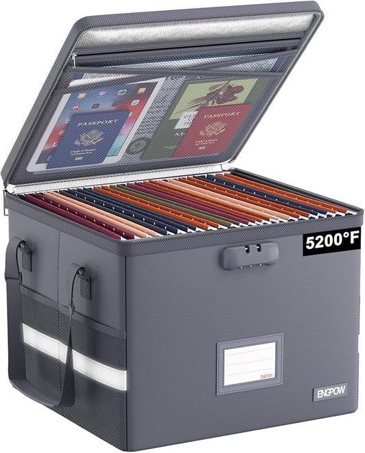 ENGPOW 5200°F File Box Fireproof Document Box with Lock, Heat Insulated Collapsible File Storage Organizer Box with Handle, Portable Home Office File Cabinet for Hanging Letter/Legal Size Folder, Gray