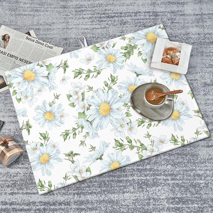 Watercolor Daisy White Dish Drying Mat for Kitchen Counter, Microfiber Absorbent Dish Draining Mat, Large Kitchen Drying Mat Heat Resistant Drying Pad for Dishes Utensils Countertops Sinks 18x24 Inch