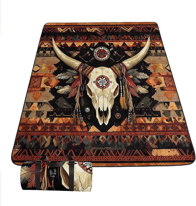 Outdoor Picnic Blanket Portable Ultrasonic Waterproof Picnic Bull Skull Printed Camping Beach Mat for Sand and Wet Grass Hiking (Bull Skull L