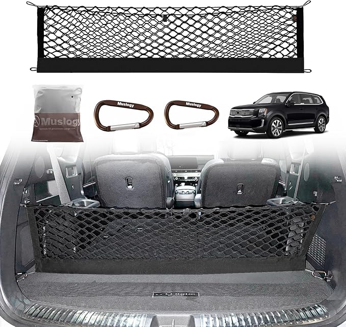 Muslogy Envelope Style Trunk Cargo Net Compatible with 2020-2024 2025 Kia Telluride Accessories Custom Fit Trunk Organizer Upgraded Mesh Storage Luggage Net with Metal Hooks
