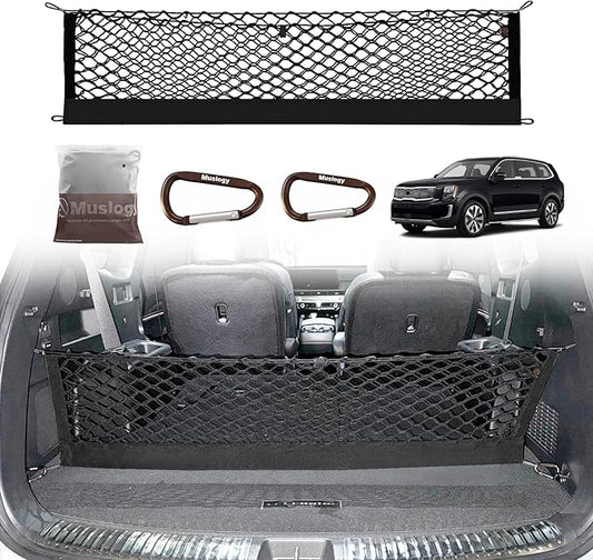 Muslogy Envelope Style Trunk Cargo Net Compatible with 2020-2024 2025 Kia Telluride Accessories Custom Fit Trunk Organizer Upgraded Mesh Storage Luggage Net with Metal Hooks