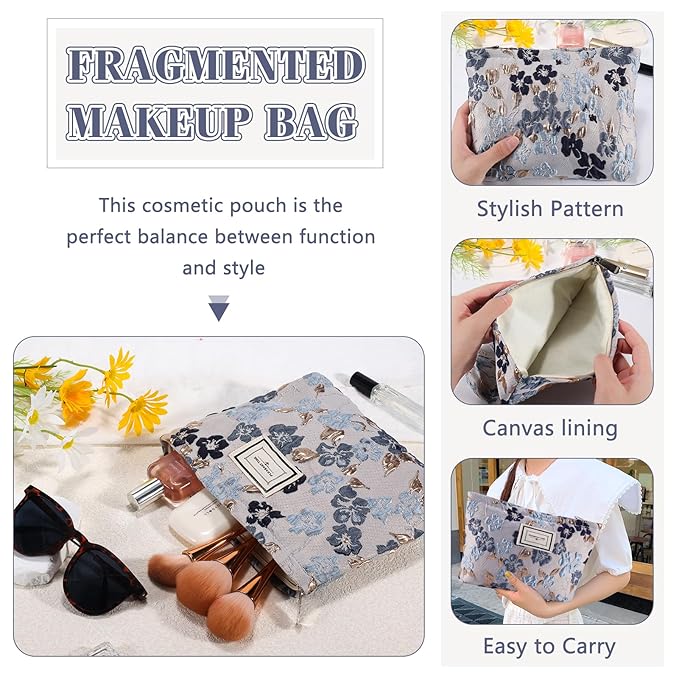 ZLFSRQ Flower Makeup Bag Travel Cute Floral Cosmetic Bags for Women Large Toiletry Pouch Zipper Cosmetic Pouch for Purse Aesthetic Gray Blue Embossed Makeup Organizer Bag Portable Toiletry Bags