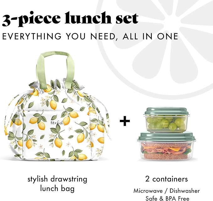 Fit & Fresh Cromwell Drawstring Lunch Bag for Women, Complete Lunch Set with 2 Containers, Stain-Resistant, Leak-Resistant, Back to School Essential, Teacher Lunchbox, Lemons