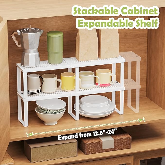 2 Pcs Stackable Kitchen Cabinet Shelf Organizer Counter Shelf 12.59" L x 5.1" Dx 6.29" H,Pantry Dishes Storage Shelves Rack