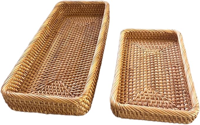 i-lan 14-Inch Rattan Bathroom Tray Organizer – Long Narrow Wicker Basket for Toilet Tank, Hand Towel Storage & Countertop, Boho Serving Tray for Bread, Vanity or Home Decor